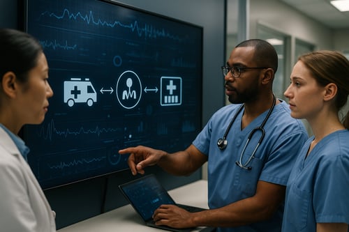 Healthcare professionals analyzing realtime data exchange between EMS and hospital systems on a secure digital platform No visible text no words no letters