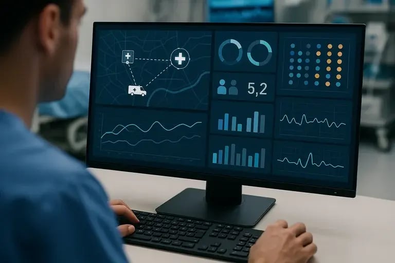 Interactive healthcare dashboard showing realtime EMShospital data exchange with clear analytics visualizations for improved patient care coordination No visible text no words no letters
