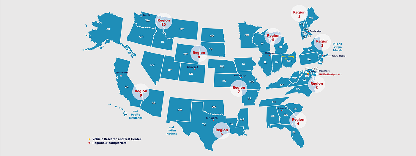 Map of the United States showing NHTSA Regions 1-10